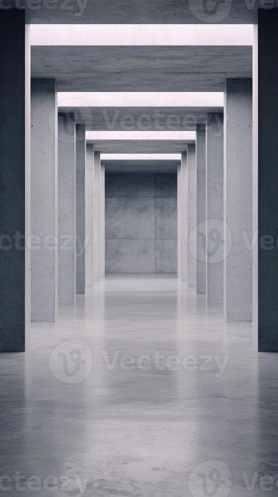 A modern corridor featuring sleek concrete pillars and ambient overhead lighting. photo