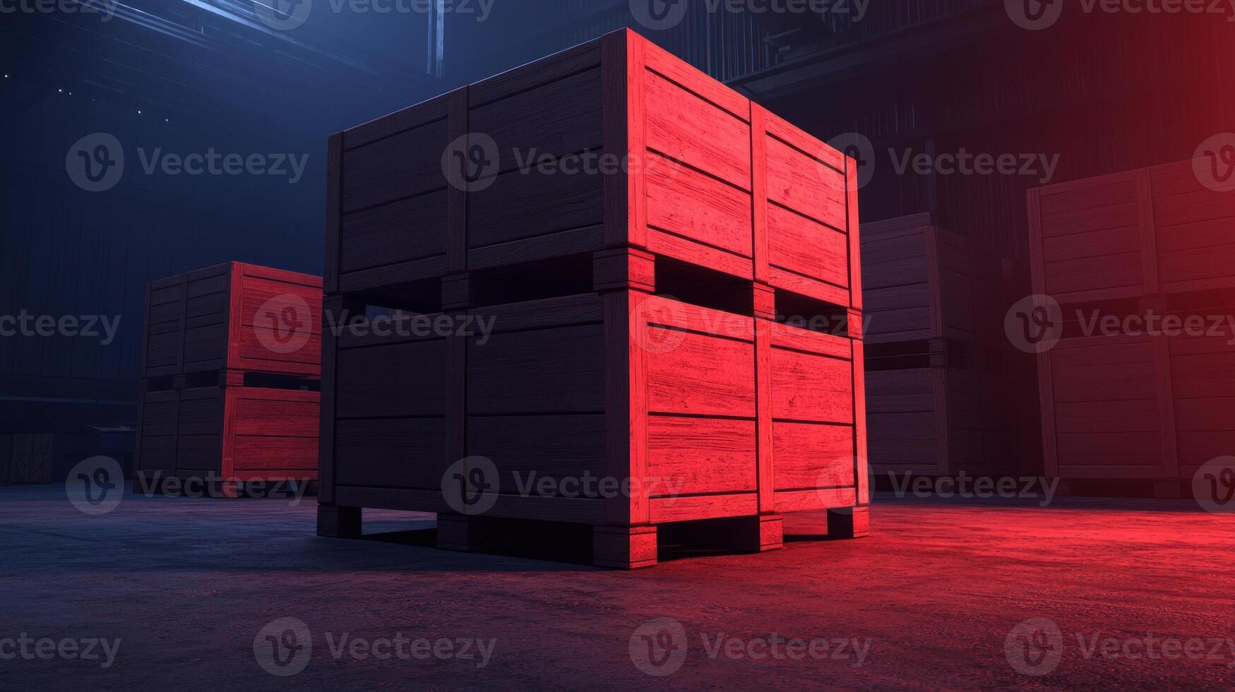 Wooden crates stacked in a dimly lit industrial space with red and blue lighting. photo