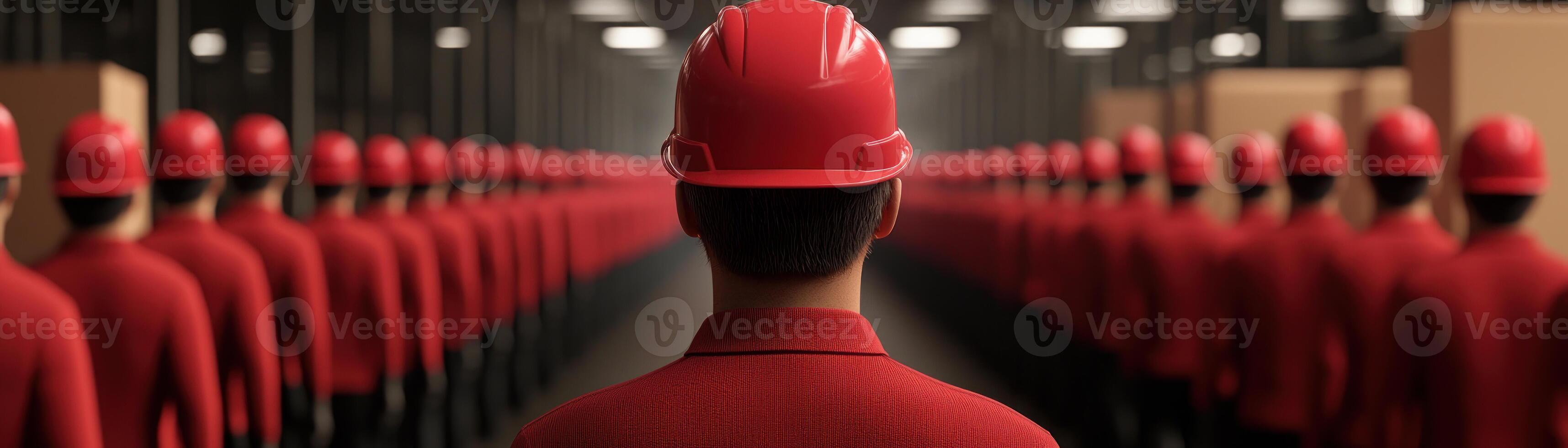 A line of workers in red uniforms preparing for a task in a modern warehouse setting. photo