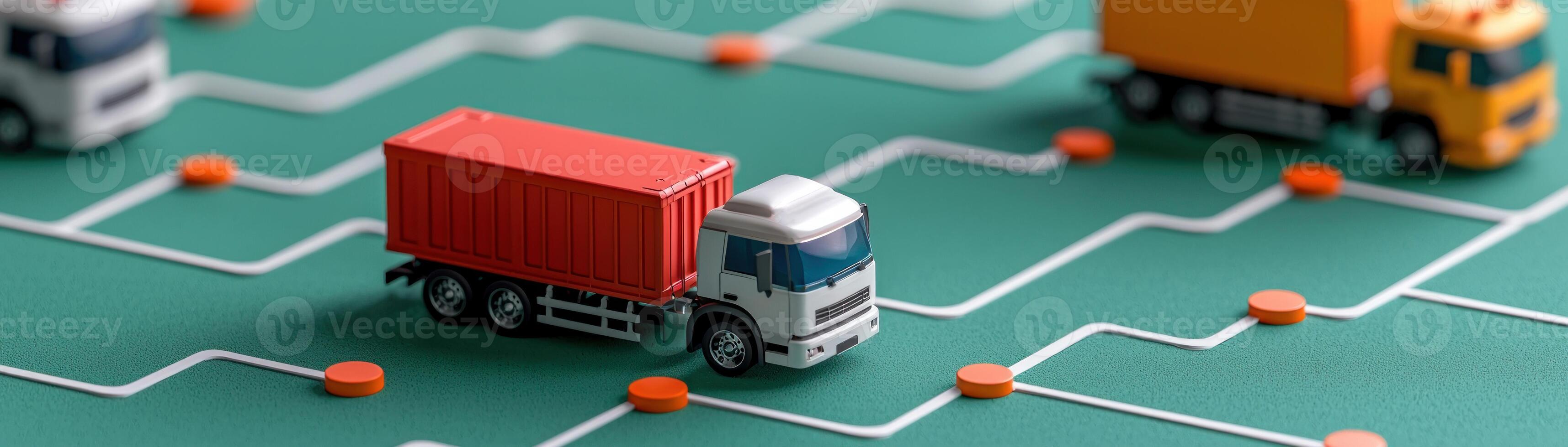 Miniature trucks navigating a digital map, symbolizing logistics and transportation. photo