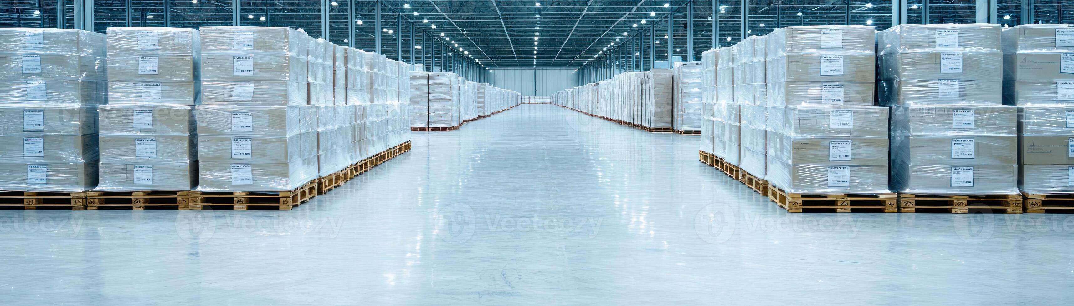 A spacious warehouse interior filled with stacked pallets and organized goods. photo