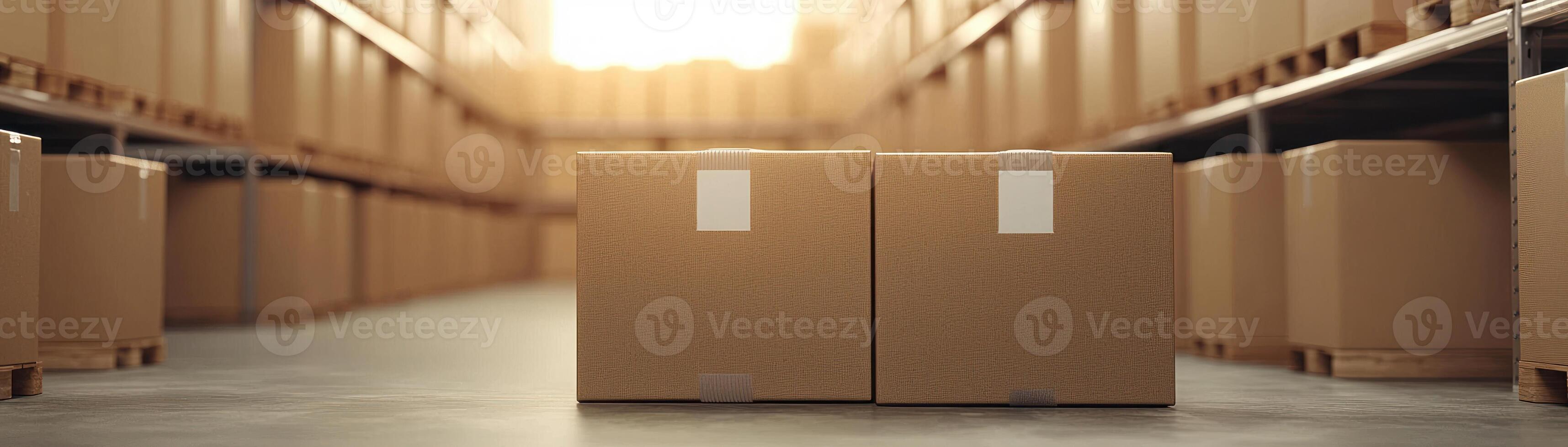 Cardboard boxes stored in a spacious warehouse ready for distribution and logistics. photo