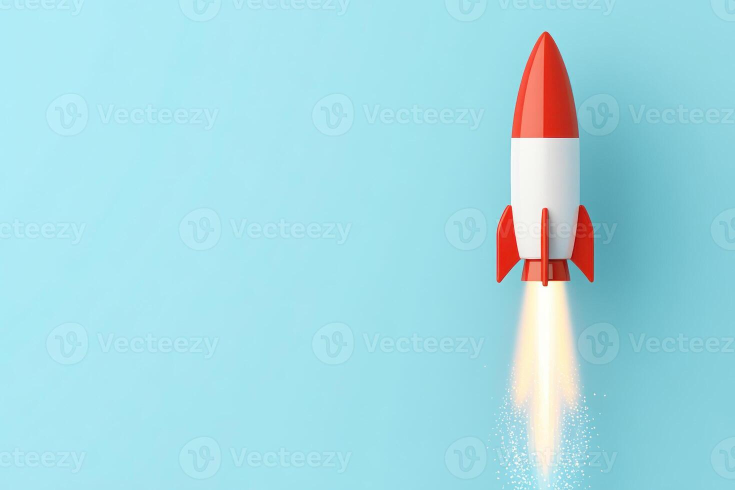 A colorful rocket launching into the sky on a clear blue background, symbolizing innovation. photo