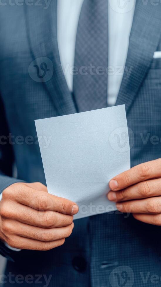 A business professional holding a blank sheet of paper while dressed in a suit. photo