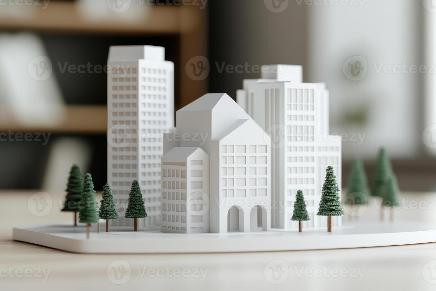 A modern architectural model showcasing sleek buildings and miniature trees. photo