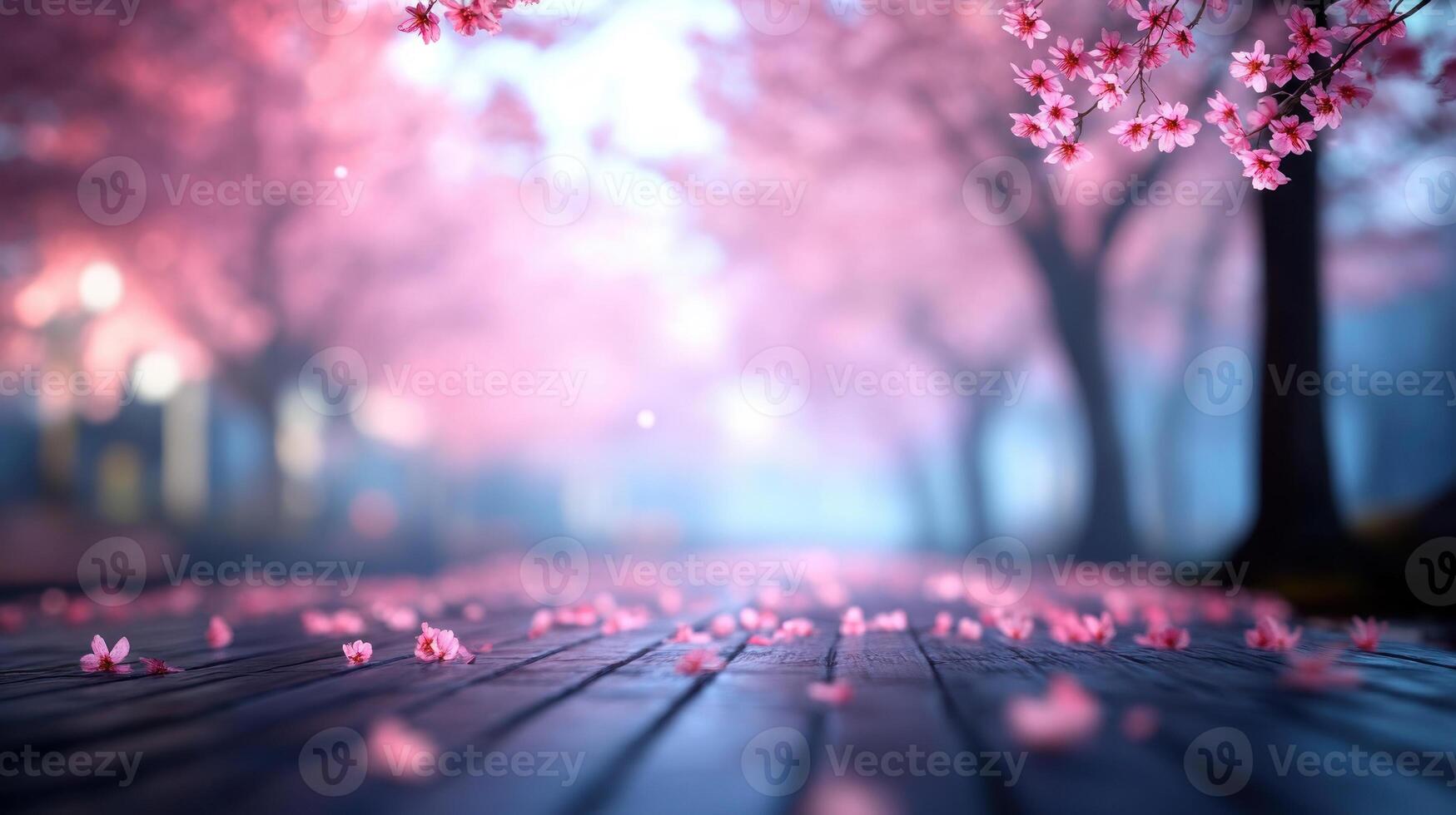 A serene path lined with blossoming pink trees, creating a magical spring atmosphere. photo
