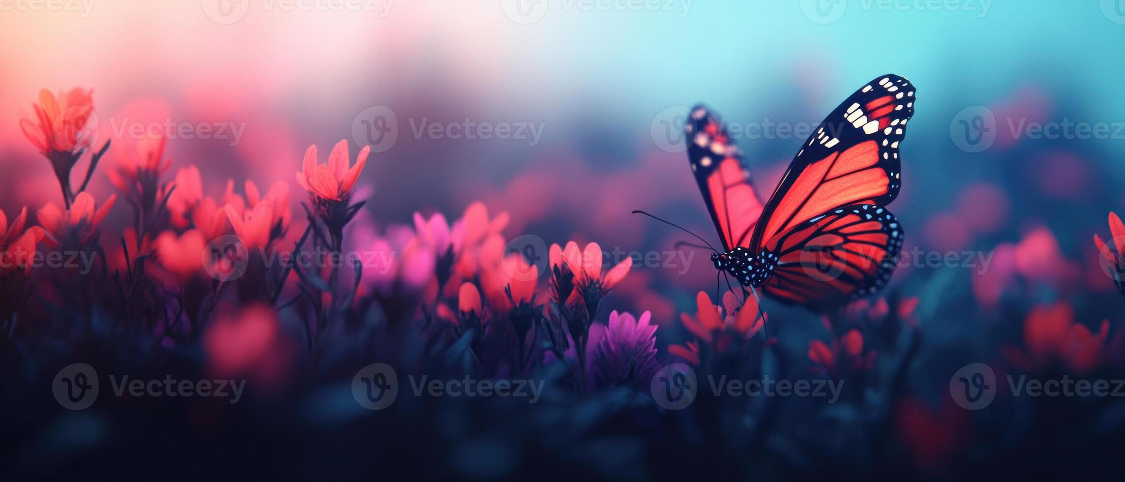 A vibrant butterfly resting on colorful flowers in a dreamy, soft-focus landscape. photo
