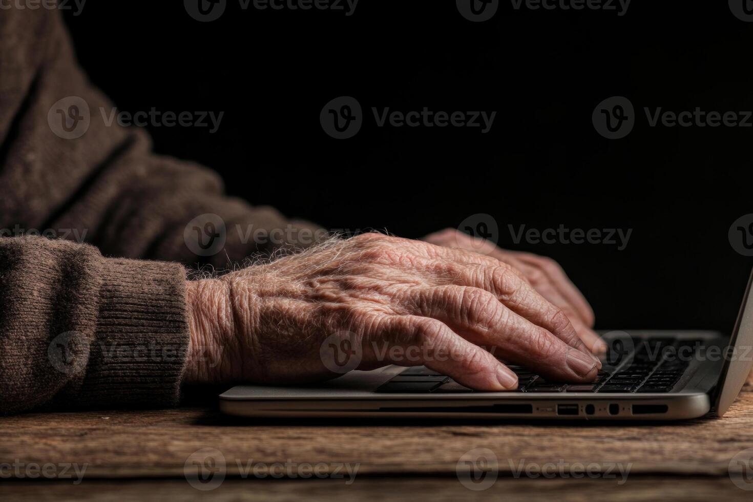Close-up of elderly hands typing on a laptop, showcasing technology and age. photo