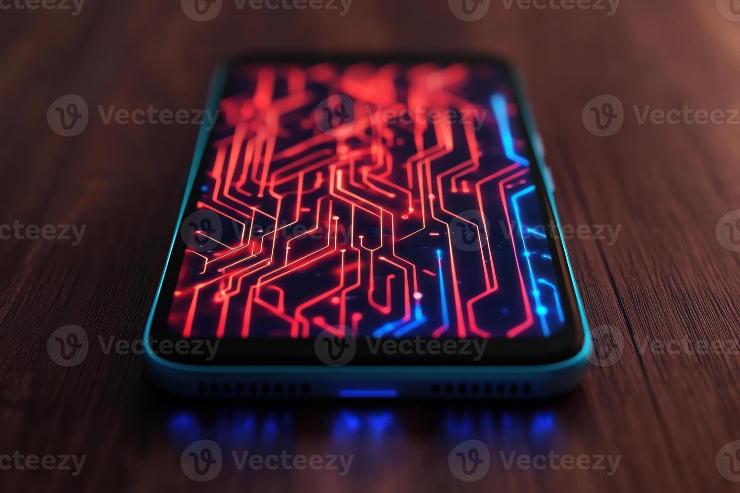 Close-up of a smartphone screen displaying a vibrant circuit design in neon colors. photo