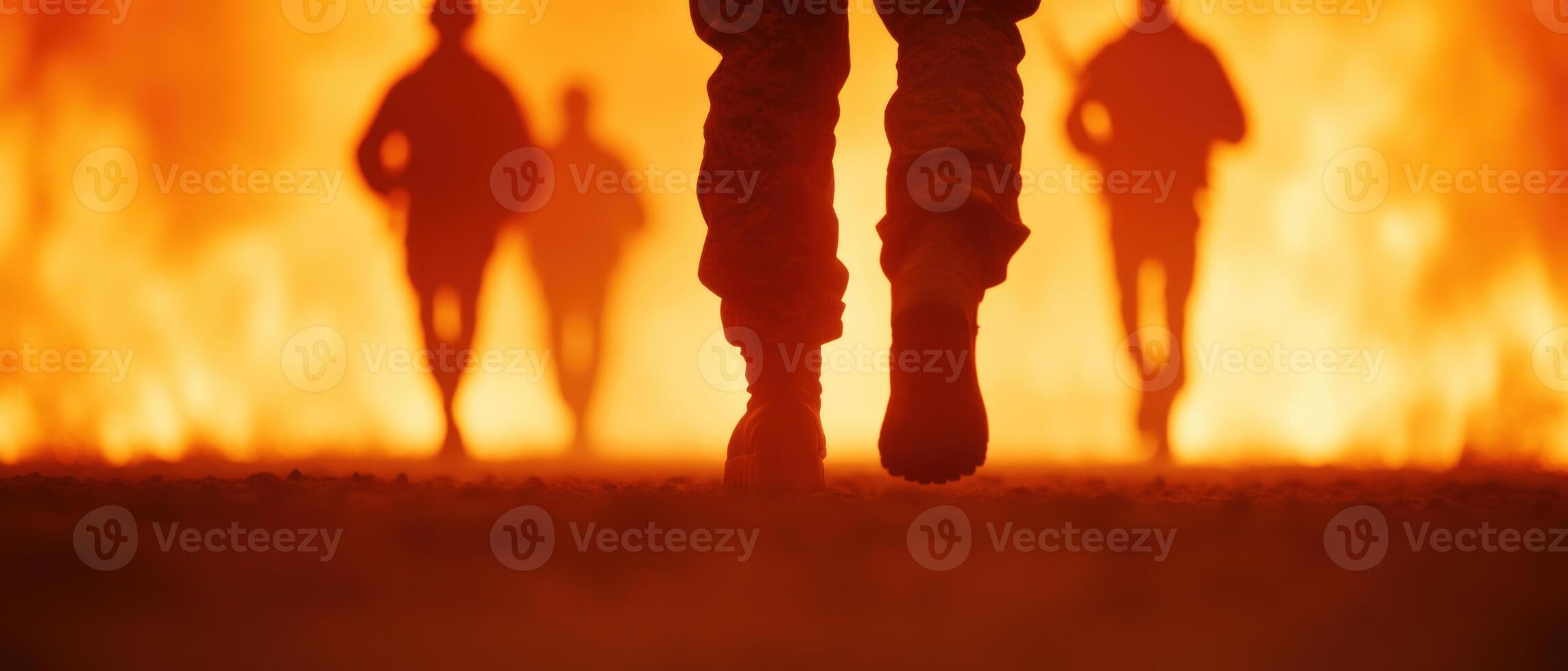 Brave individuals confronting danger amidst flames, symbolizing resilience and courage. photo