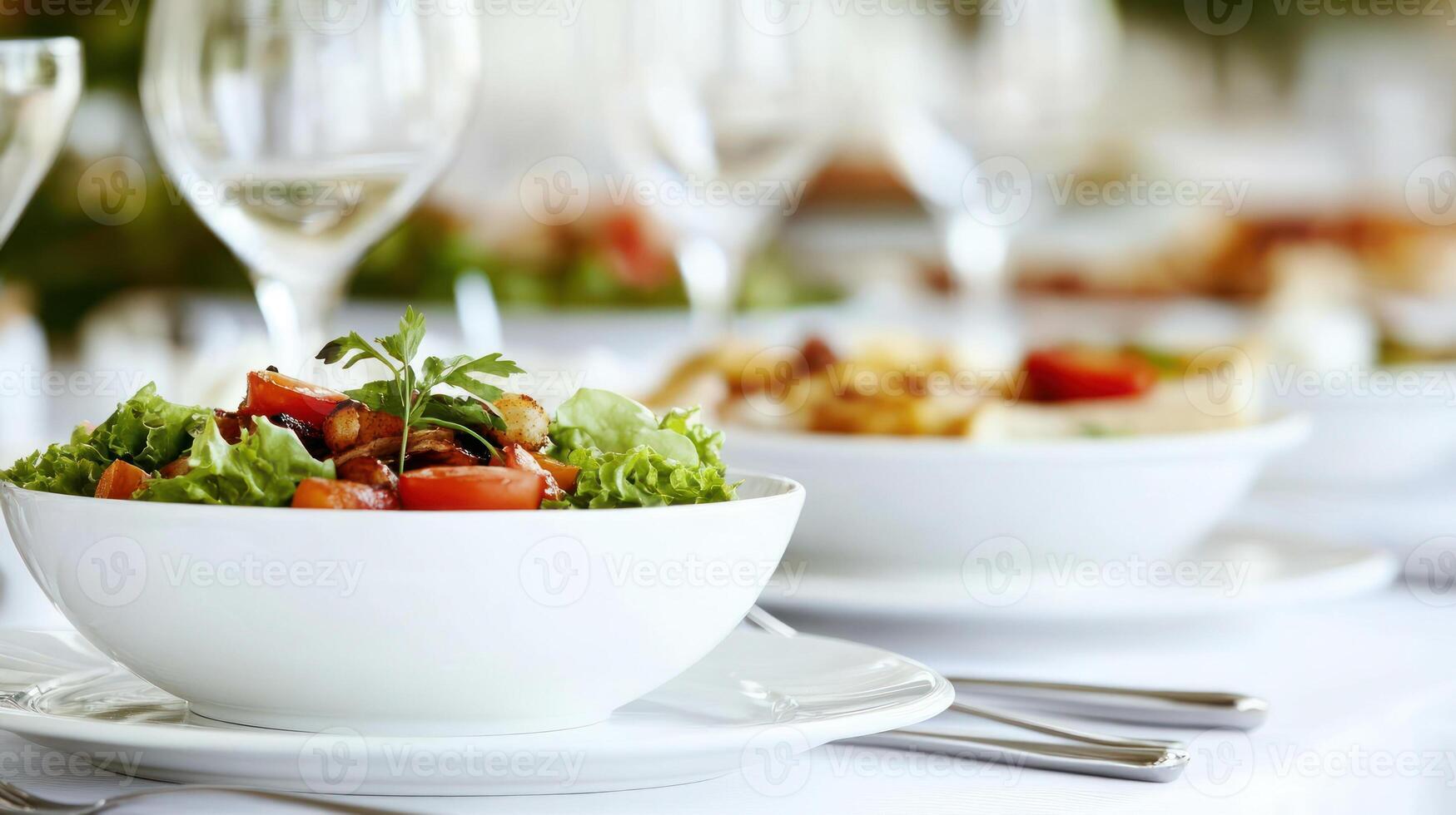 Delicious fresh salad served in a stylish bowl on an elegantly set dining table. photo