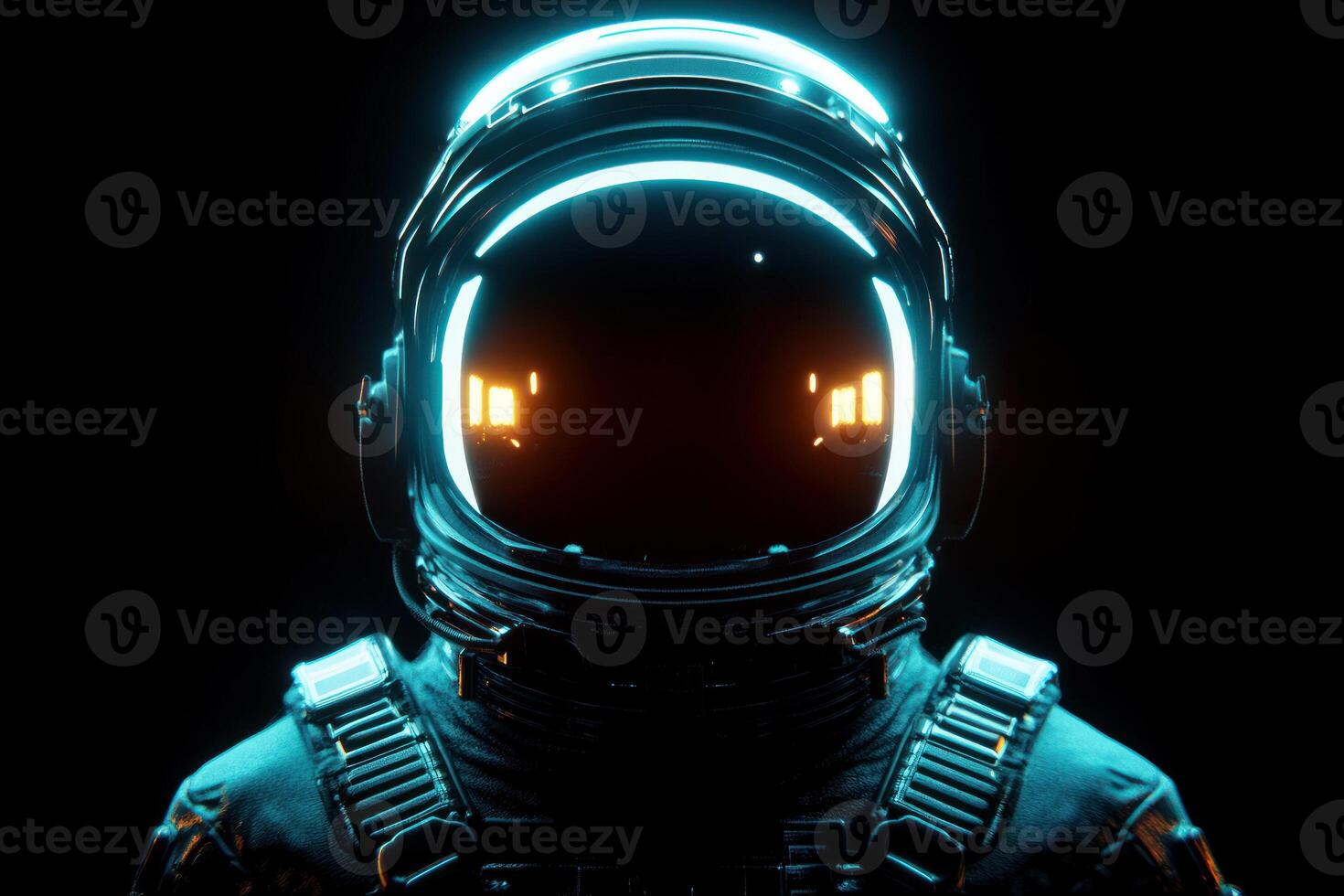 Futuristic astronaut helmet glowing in dark space, representing exploration and adventure. photo