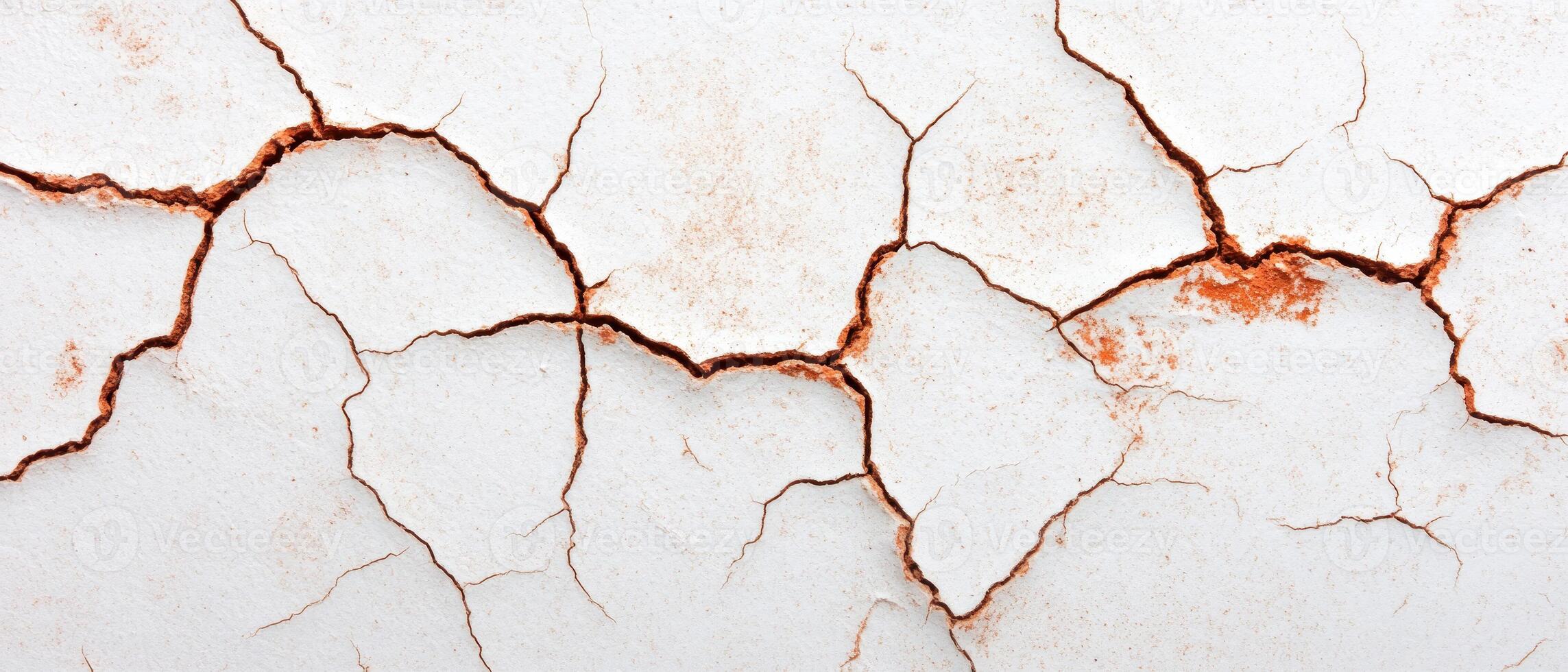A close-up of cracked white wall texture with rust, showcasing aged structural details. photo