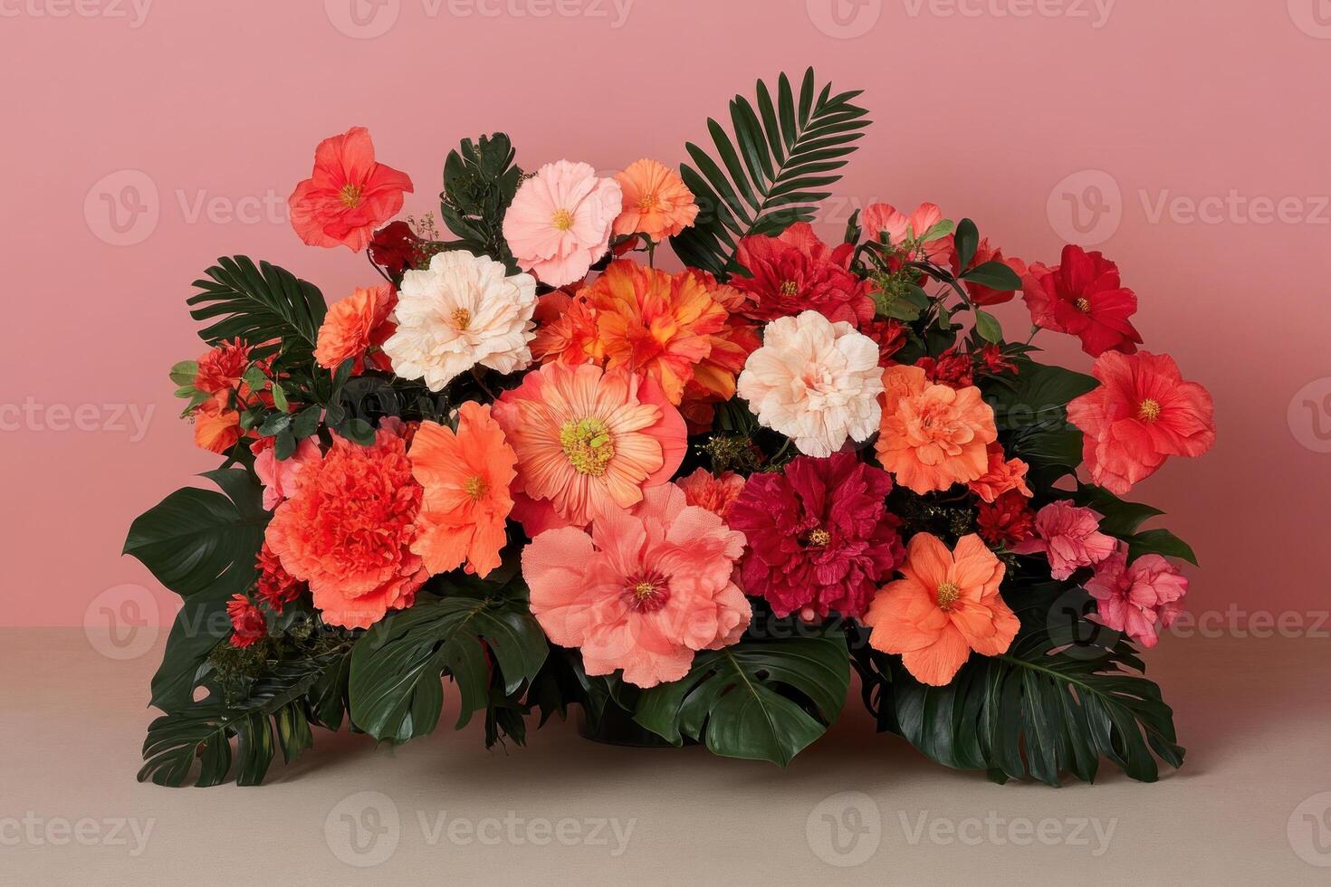 Vibrant floral arrangement with various colorful blooms against a soft pink backdrop. photo