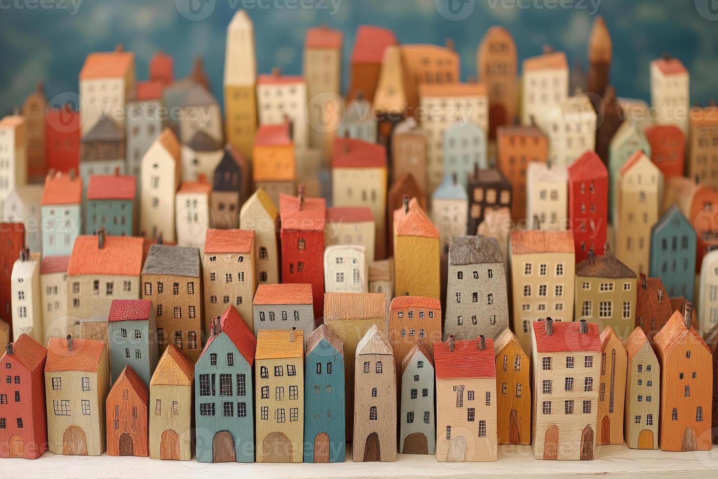 A colorful miniature cityscape made of wooden houses in various shapes and colors. photo