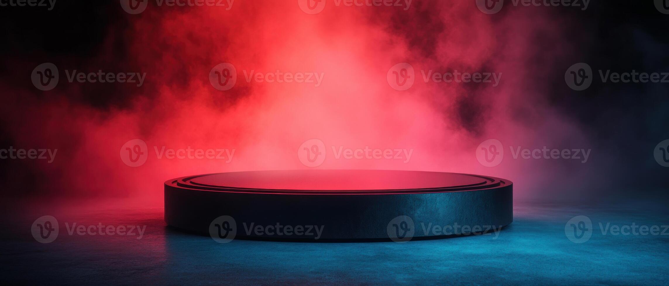 A dramatic podium illuminated by vivid red and blue lights surrounded by mist. photo