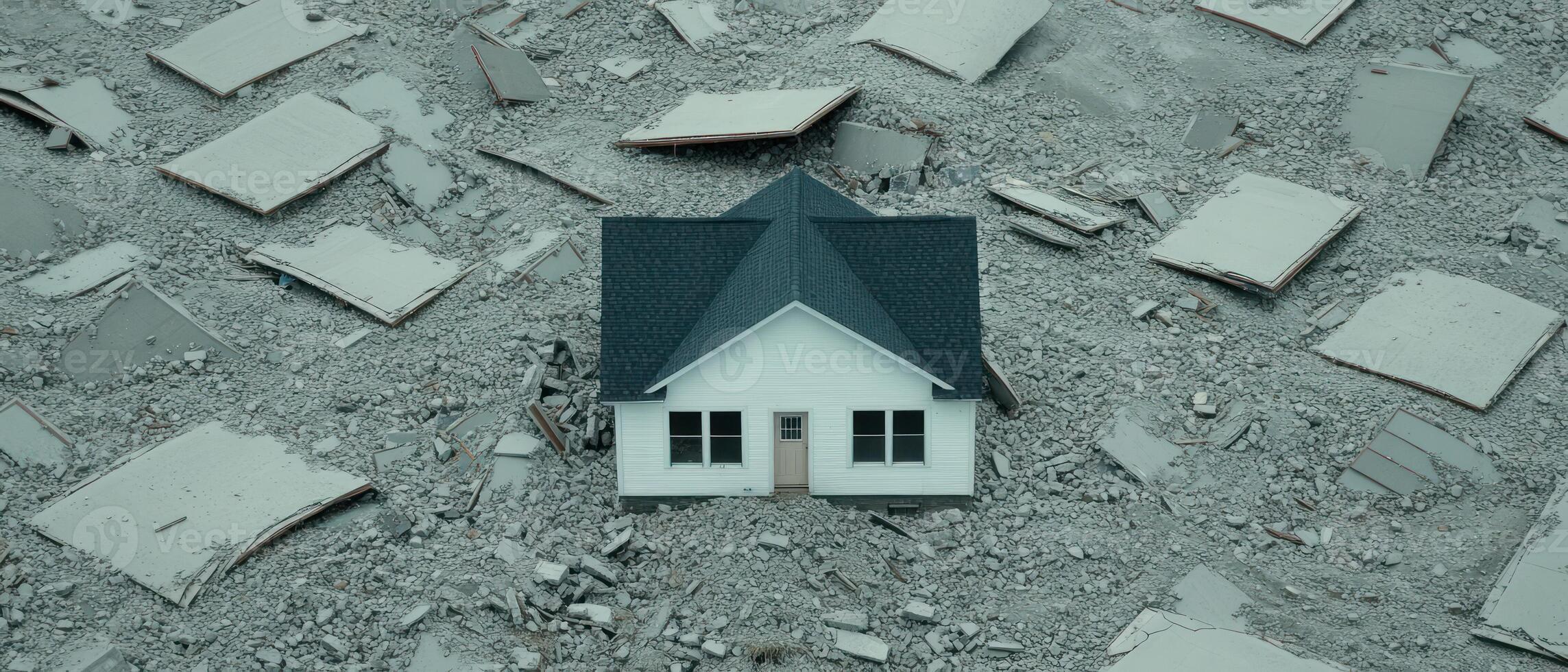 A lone white house stands amidst scattered debris, symbolizing resilience in chaos. photo
