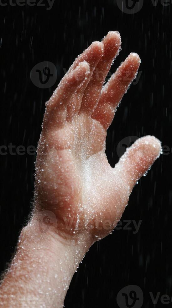 A hand reaching out, illuminated by droplets of water in a dramatic atmosphere. photo