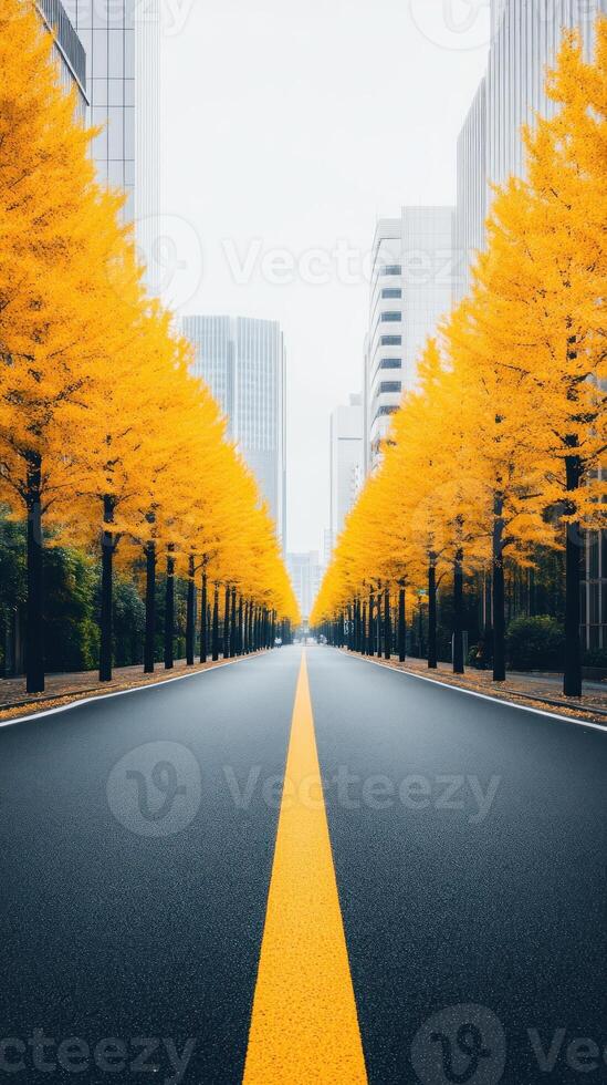 A serene urban road lined with vibrant autumn trees and a clear sky. photo