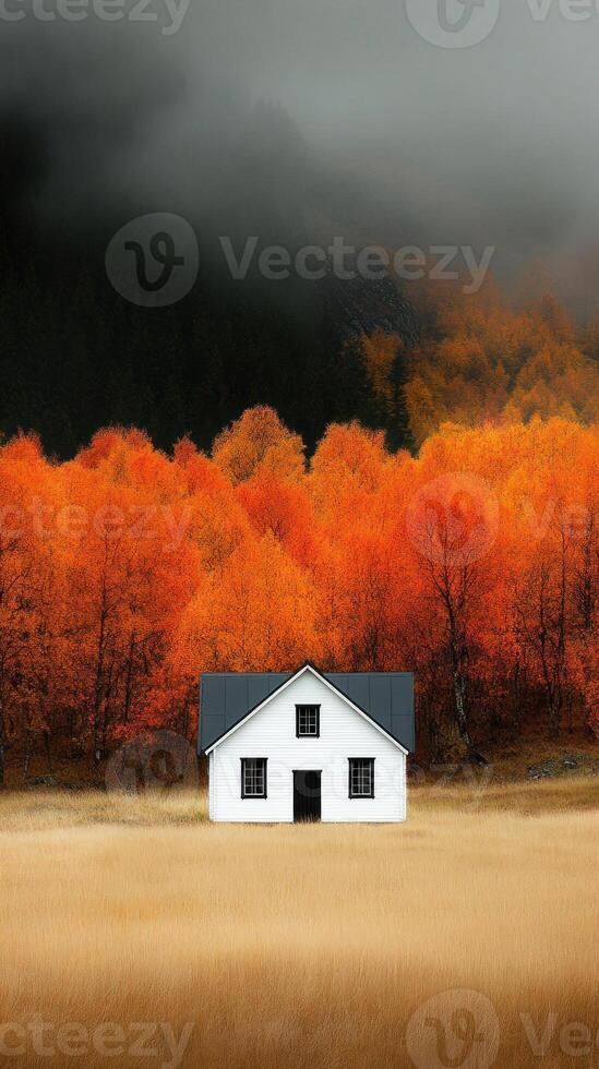 A serene white house surrounded by vibrant orange autumn trees under a moody sky. photo