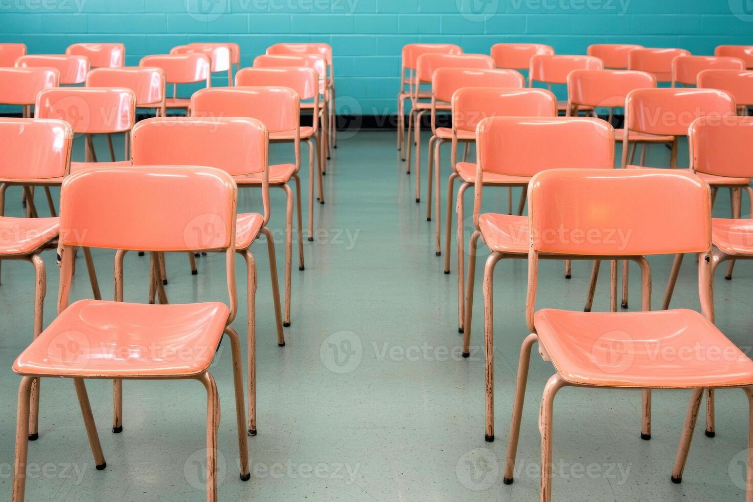 A row of empty chairs in a bright, modern classroom setting with colorful walls. photo
