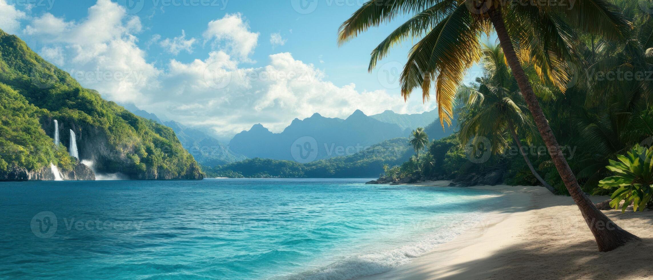 A serene tropical beach with clear waters, palm trees, and majestic mountains in the background. photo