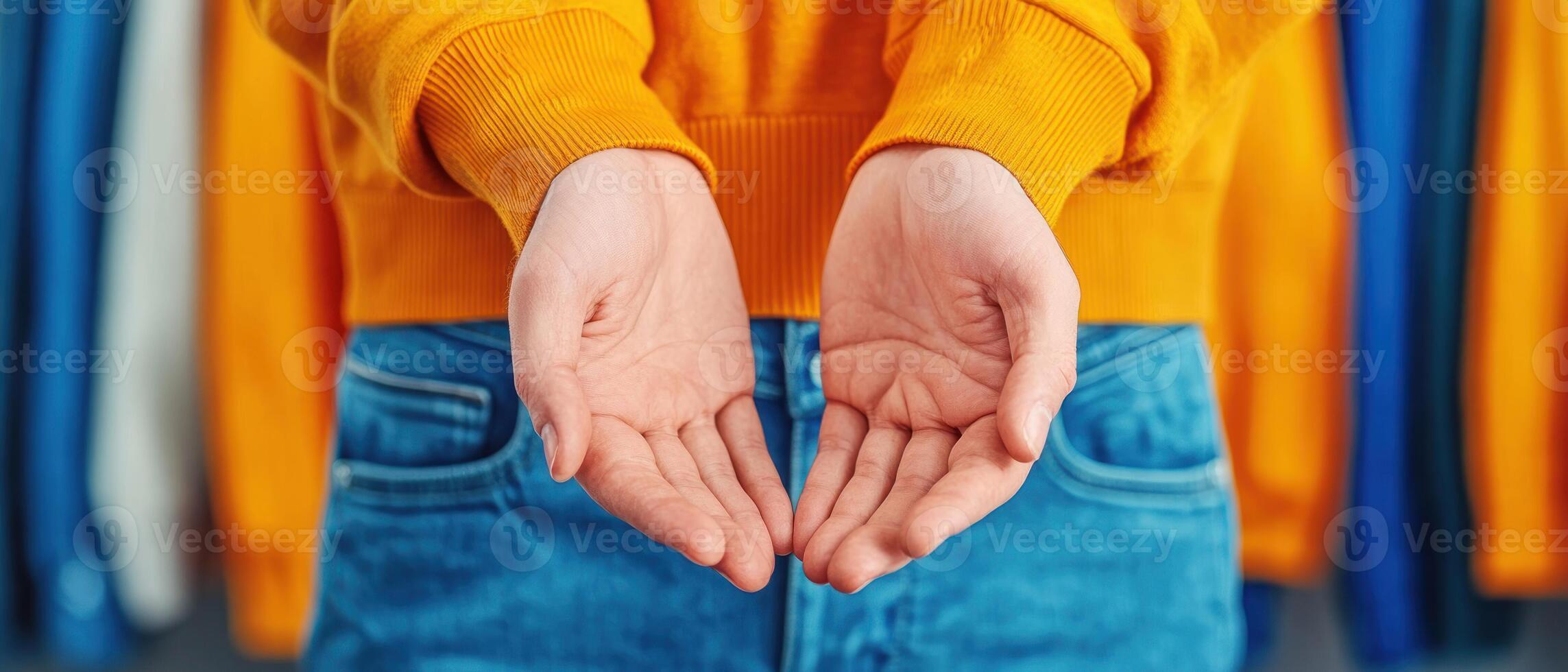 A person with open hands, showcasing an inviting gesture in a casual setting. photo
