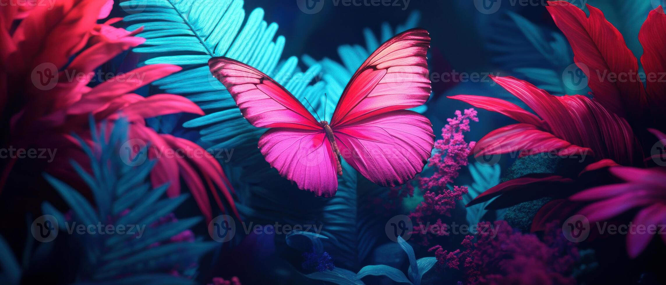 A vibrant butterfly amidst colorful foliage in a magical, lush environment. photo