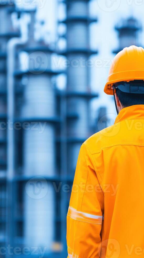 A worker in safety gear observes industrial machinery in a modern facility. photo