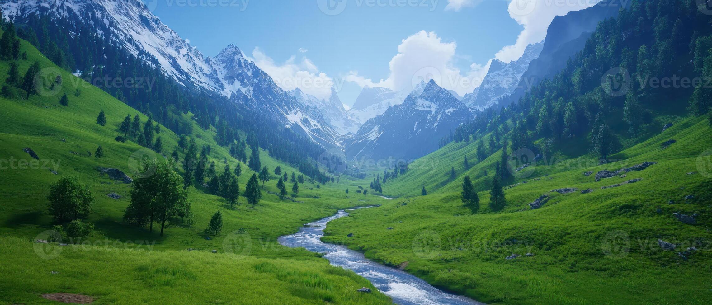 Breathtaking mountain landscape with lush green valleys and a winding river under a bright sky. photo