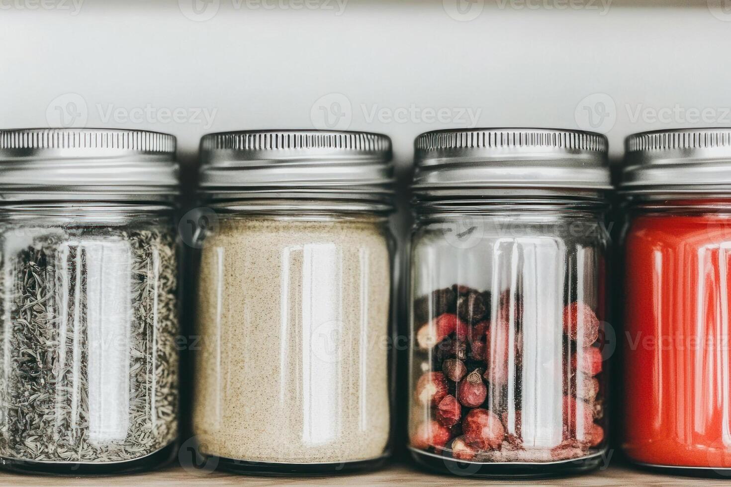 Colorful jars filled with various spices and ingredients for culinary creativity. photo
