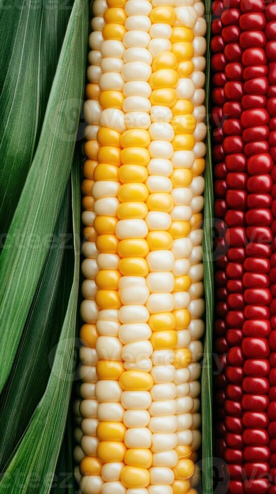Freshly harvested corn varieties, showcasing yellow, white, and red hues in detail. photo