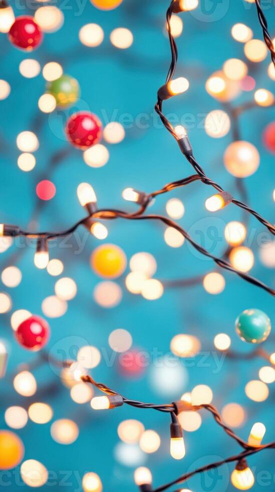 Colorful decorative lights on a blue background creating a festive atmosphere. photo