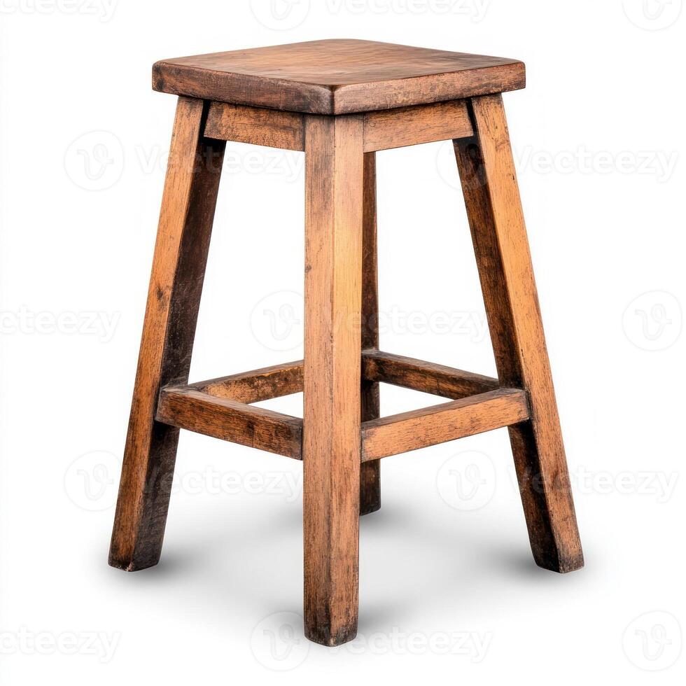 Rustic wooden stool for home decor and practical seating. isolated on white background. photo