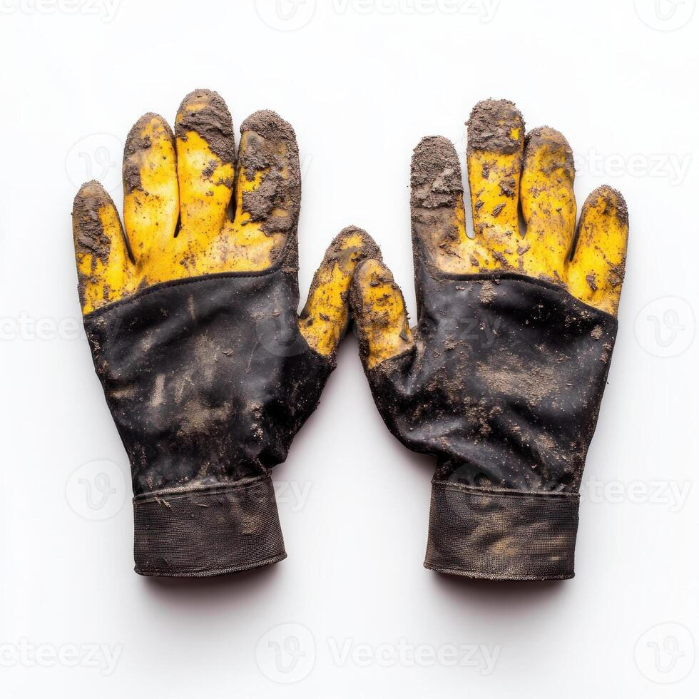 Worn gardening gloves with dirt, symbolizing outdoor activities. isolated on white background. photo