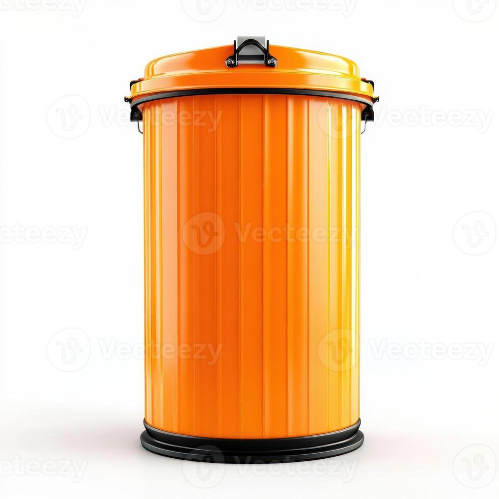 Bright orange trash can for waste management and recycling purposes. isolated on white background. photo