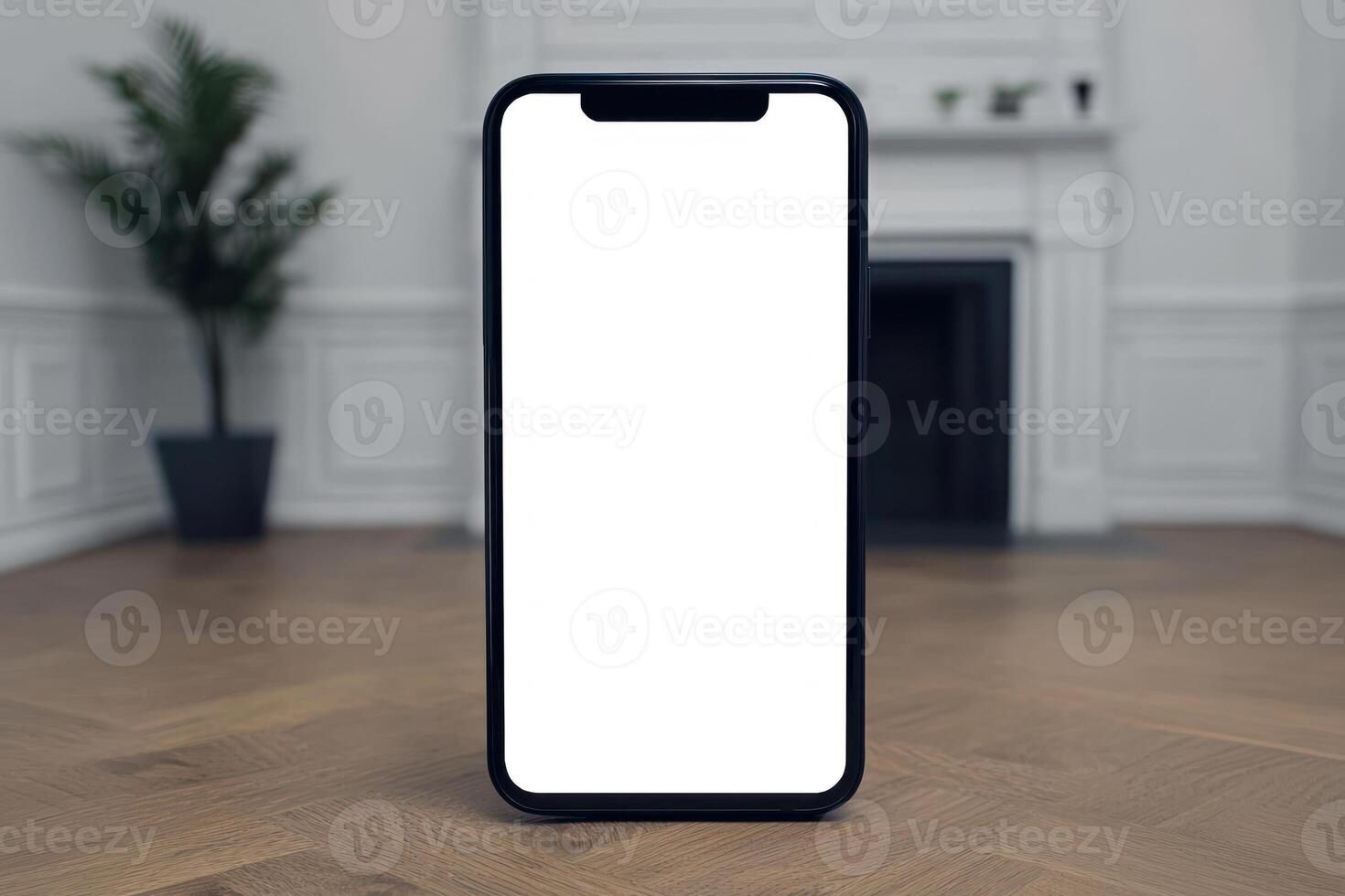 Modern smartphone with a blank screen positioned in a stylish interior setting. photo