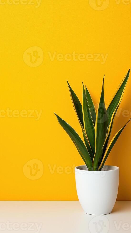 A vibrant indoor plant in a white pot against a bright yellow wall, adding warmth. photo