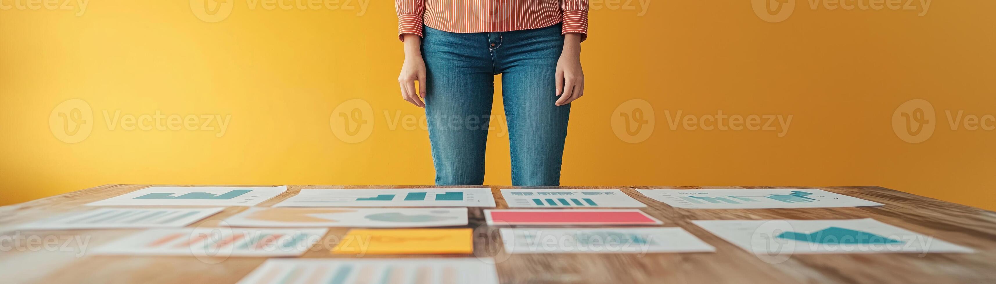 A person analyzing various reports and graphs on a wooden table against a vibrant background. photo