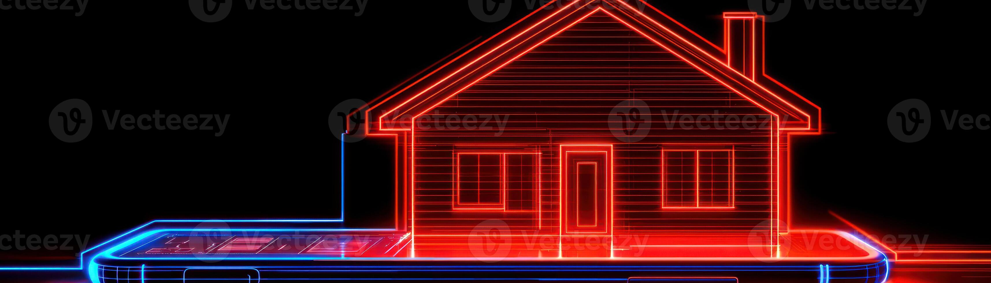 A vibrant neon outline of a house, showcasing a modern architectural style and design. photo