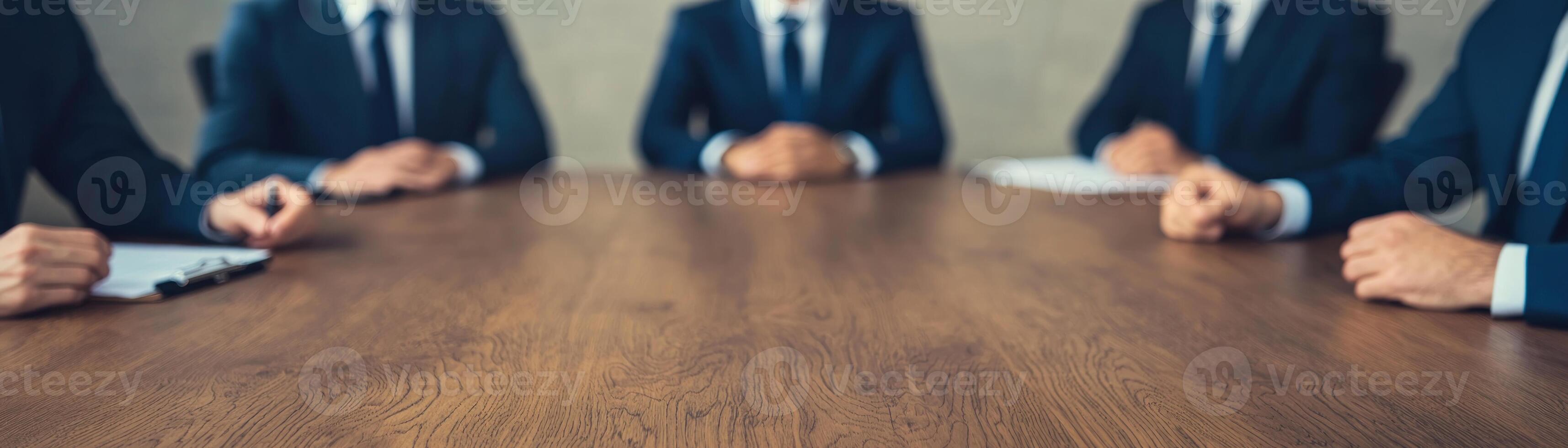 Corporate meeting with professionals gathered around a wooden conference table. photo