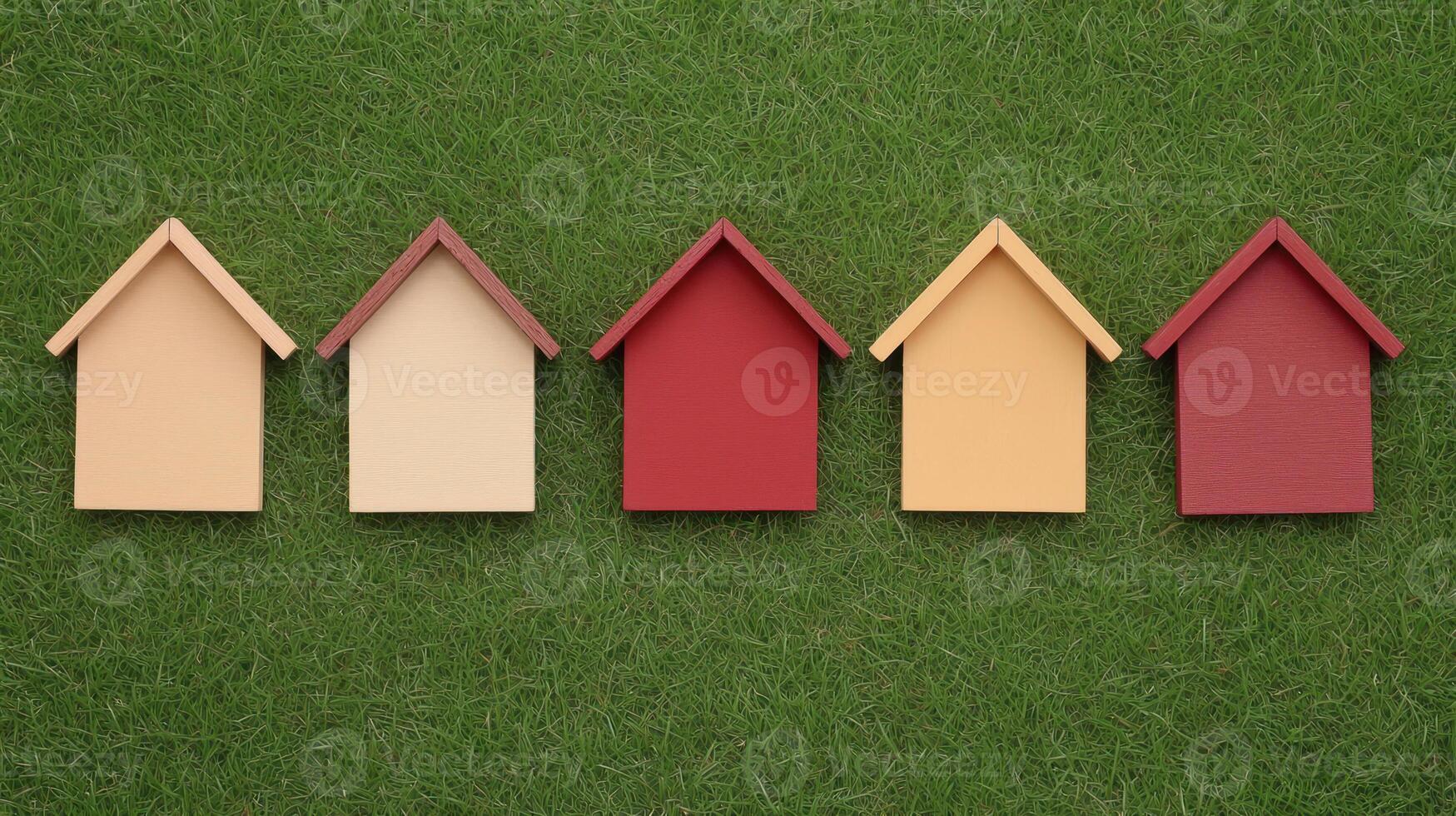 Colorful miniature houses arranged in a row on green grass background. photo