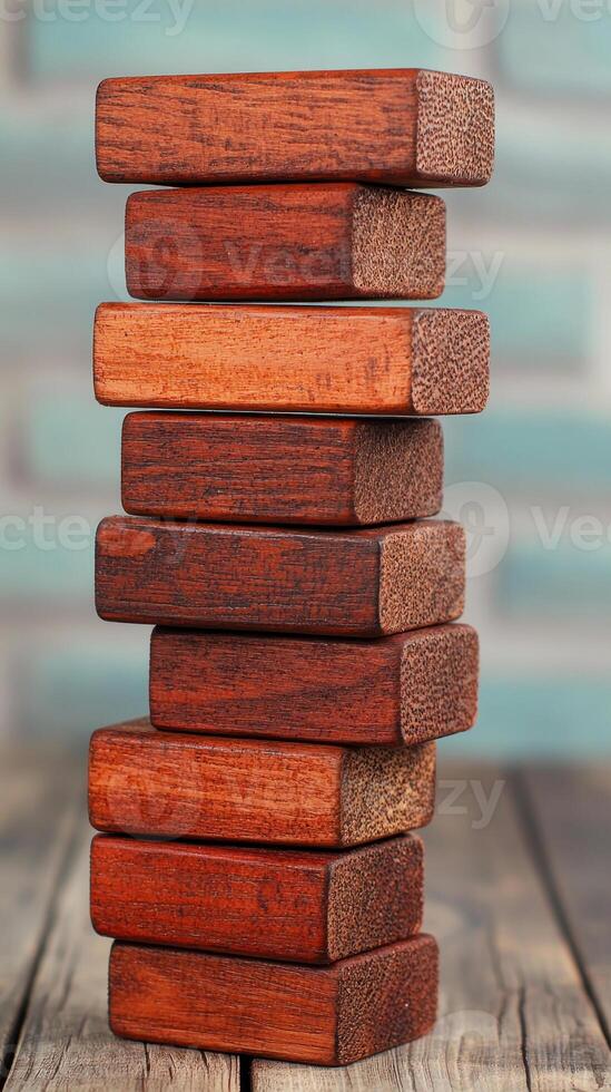 A stack of wooden blocks showcasing various textures and colors, ideal for leisure activities. photo