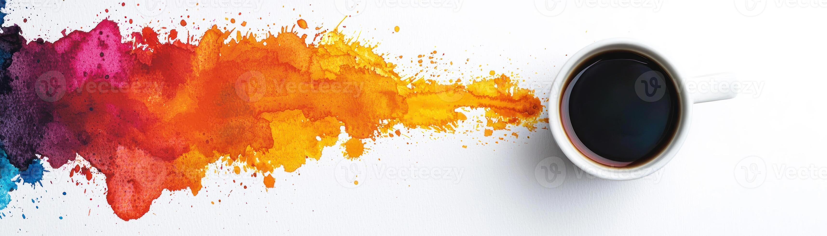 A vibrant splash of color emerges from a cup of coffee on a white background. photo