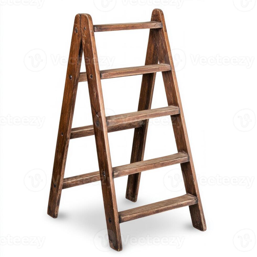 Vintage wooden ladder with four steps against a white background. isolated on white background. photo