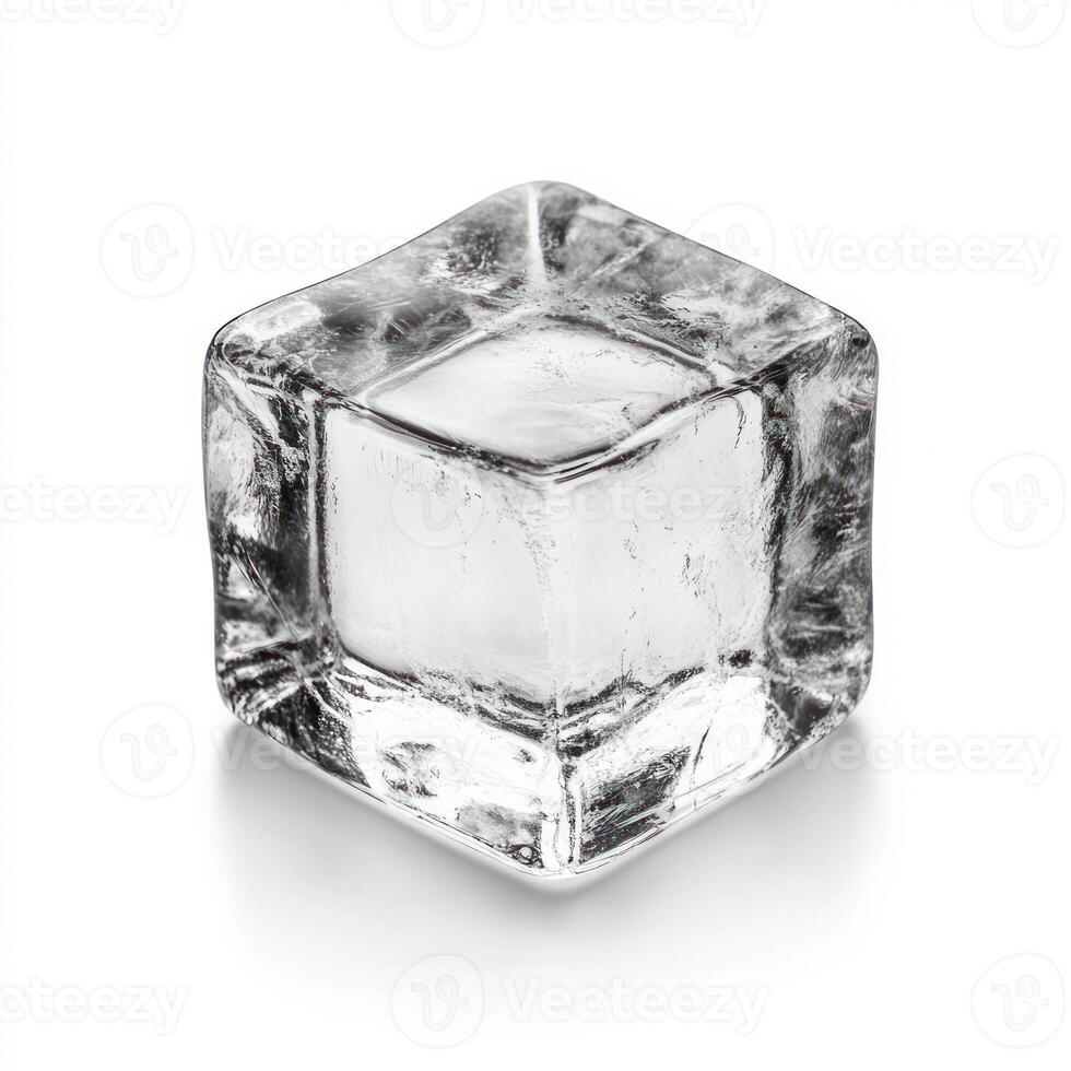 A clear ice cube, perfect for cooling beverages or cocktails. isolated on white background. photo