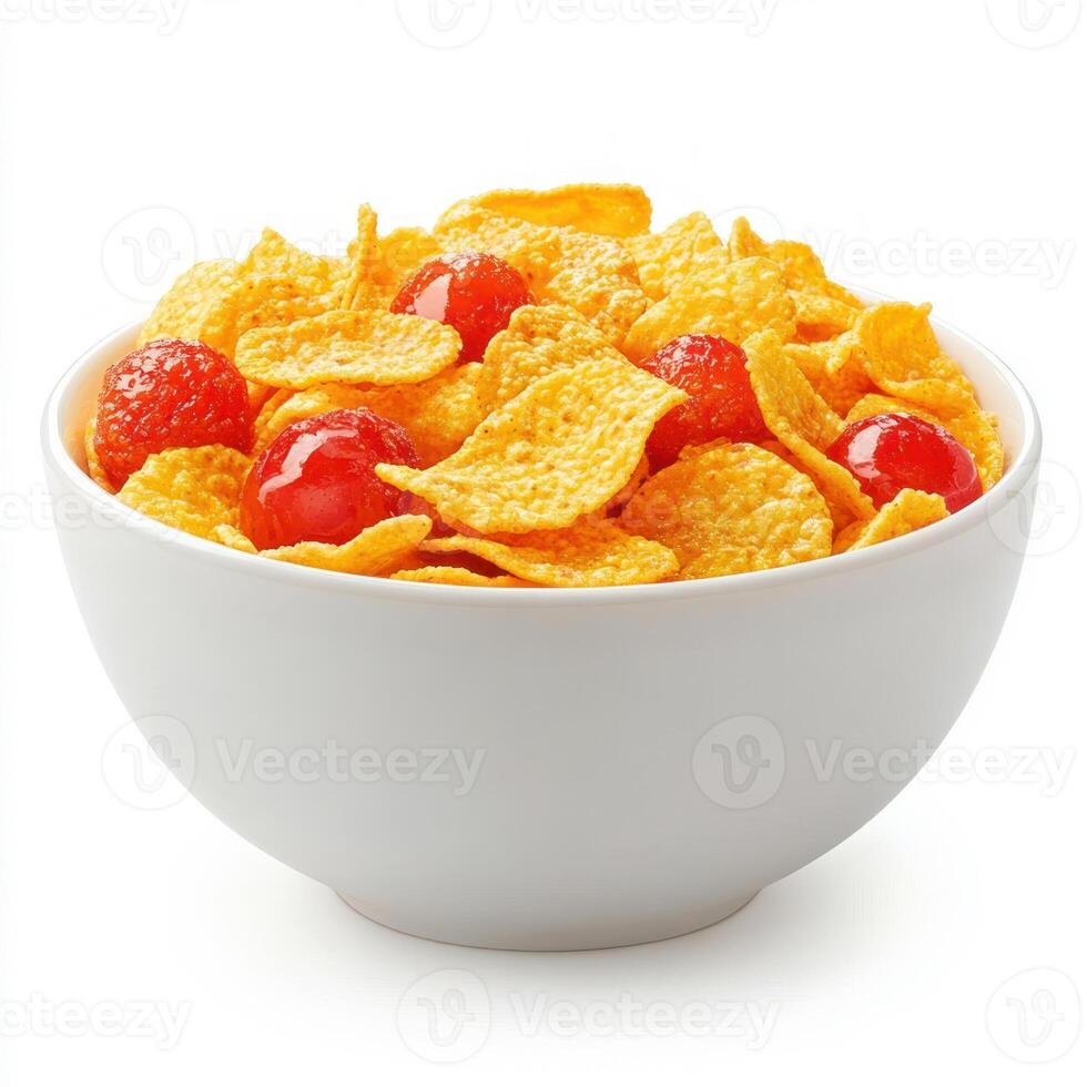 A bowl of colorful cereal with cherries, perfect for breakfast. isolated on white background. photo