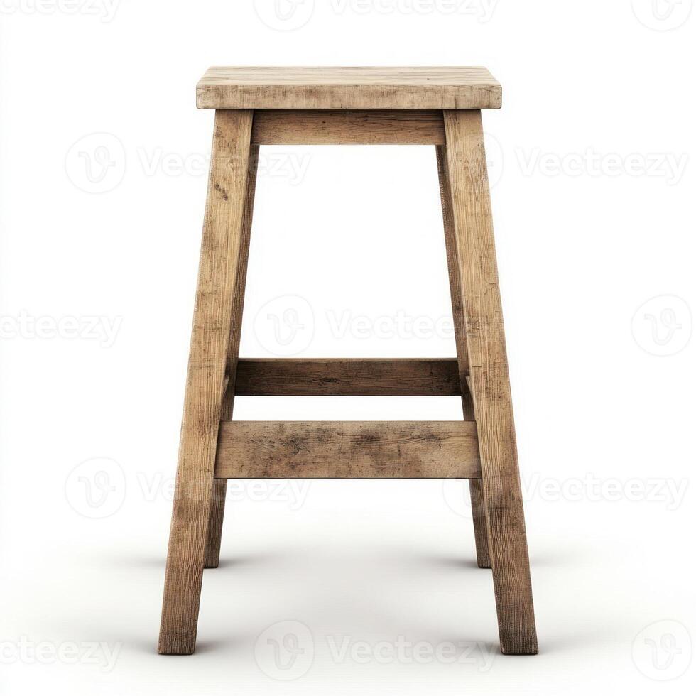 A rustic wooden stool standing elegantly in a minimalist setting. isolated on white background. photo