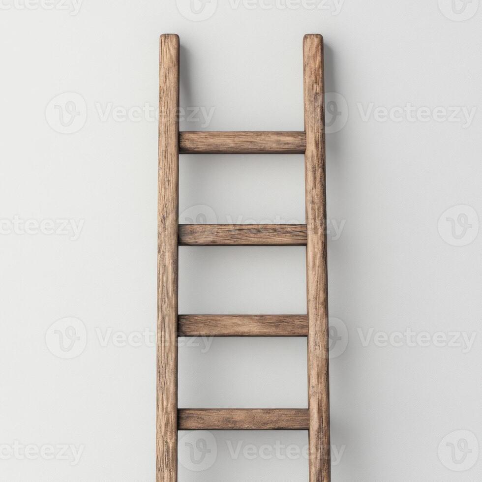 A rustic wooden ladder against a simple wall background. isolated on white background. photo