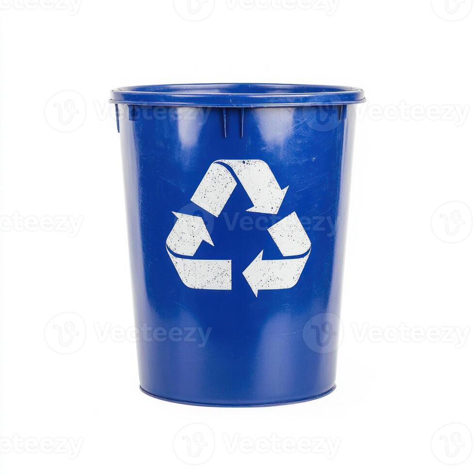 Blue recycling bin with logo for eco-friendly waste disposal. isolated on white background. photo